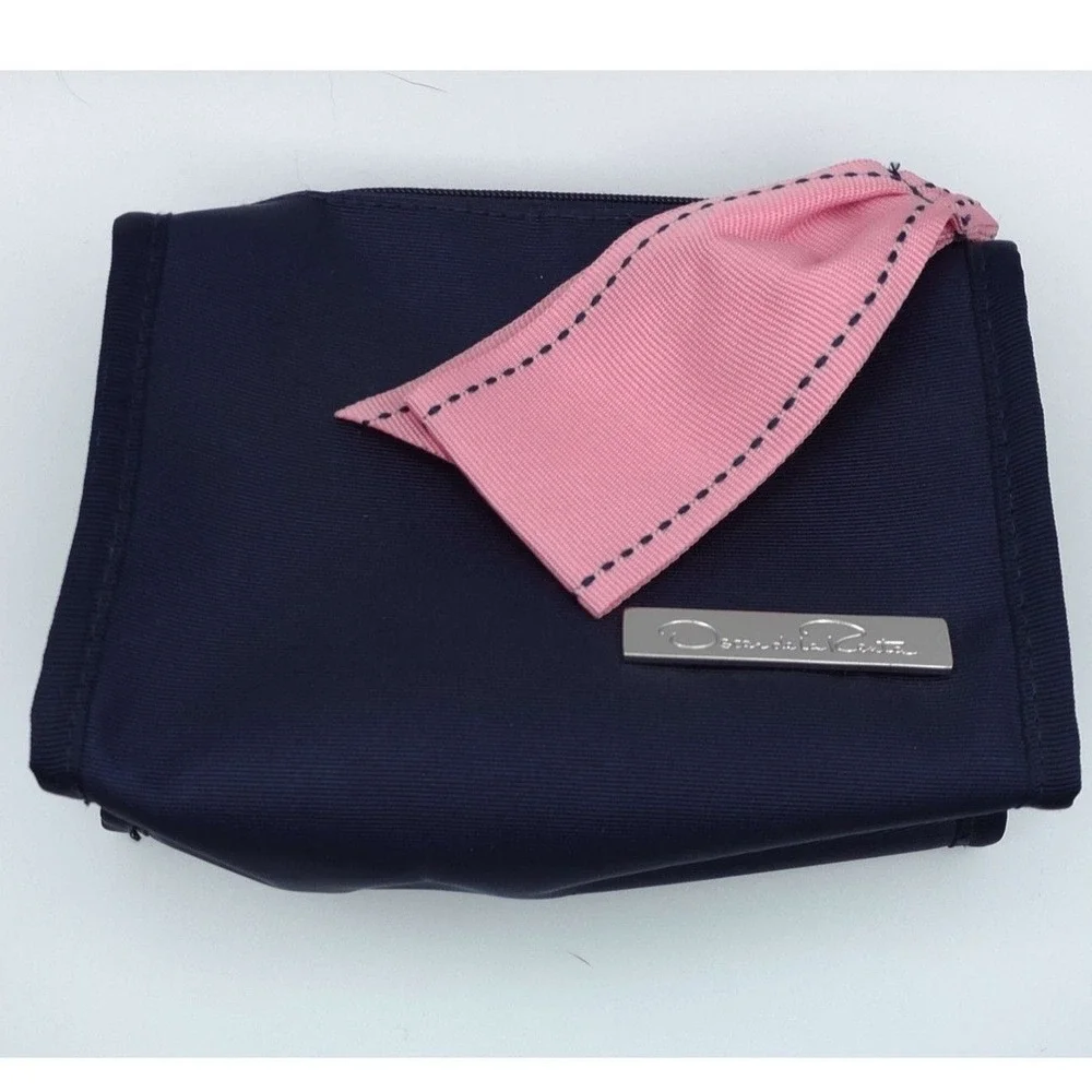 Oscar de la Renta Navy Blue Cosmetic Bag Pink Ribbon Zipper Pull Makeup‎ Pouch
